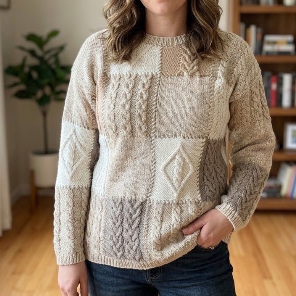 VTG Reed Hunter Hand Knit Patchwork Cable Knit Sweater Tan Beige Womens Large L